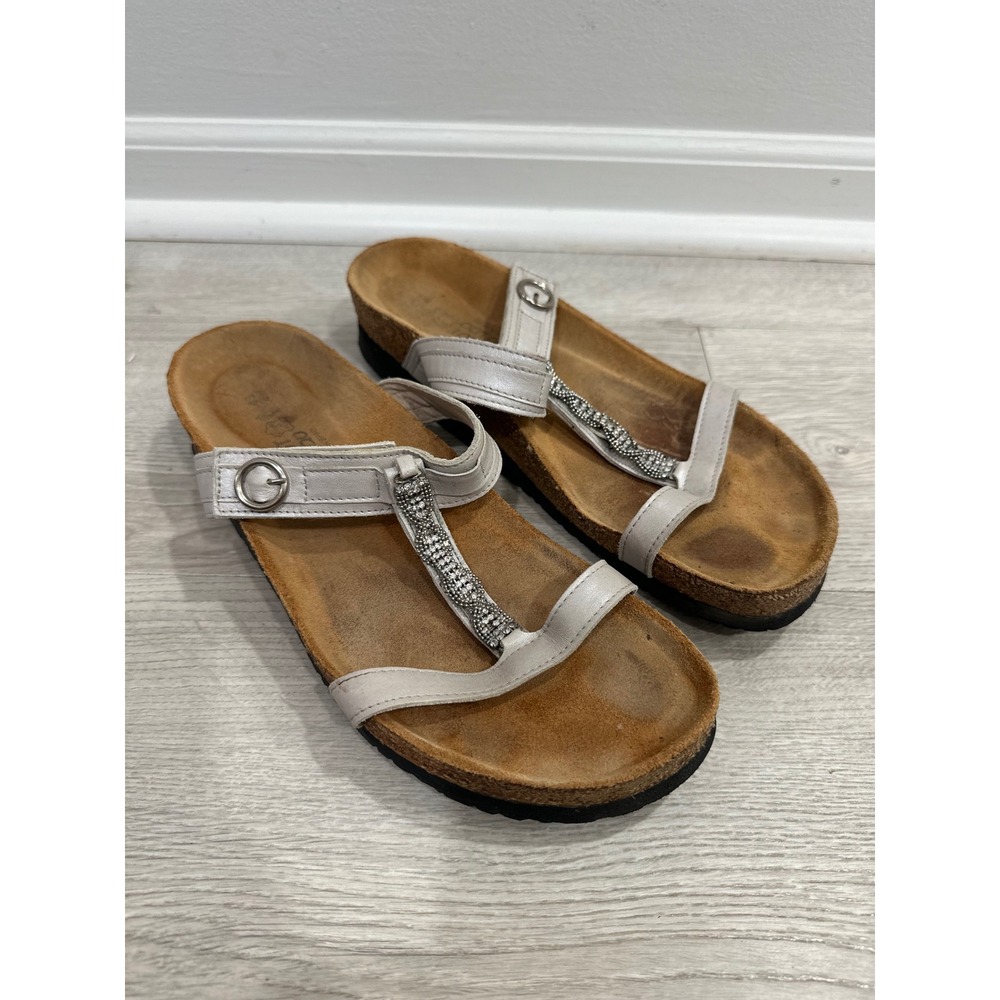 Naot Dorith Silver Metallic Rhinestone Leather Cork Footbed Sandals Womens 43